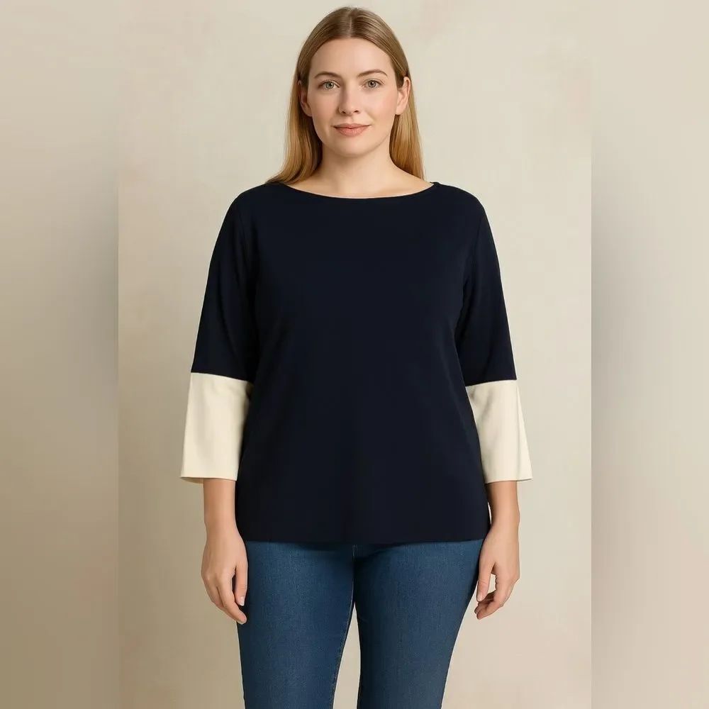 MaxMara Navy And Cream Colorblock Boat Neck 3/4 Sleeve Blouse Size M
